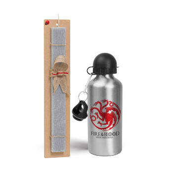 GOT House Targaryen, Fire Blood, Easter Set, metallic silver aluminum water bottle (500ml) & aromatic flat Easter candle (30cm) (GRAY)