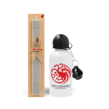 GOT House Targaryen, Fire Blood, Easter Set, metallic aluminum water bottle (500ml) & aromatic flat Easter candle (30cm) (GRAY)
