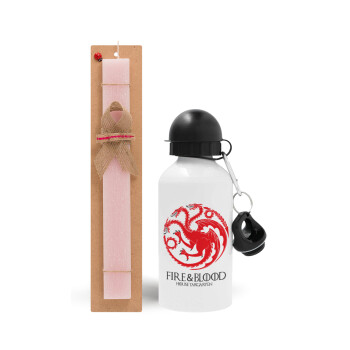 GOT House Targaryen, Fire Blood, Easter Set, metallic aluminum bottle (500ml) & aromatic flat Easter candle (30cm) (PINK)