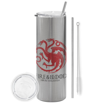 GOT House Targaryen, Fire Blood, Eco friendly stainless steel Silver tumbler 600ml, with metal straw & cleaning brush