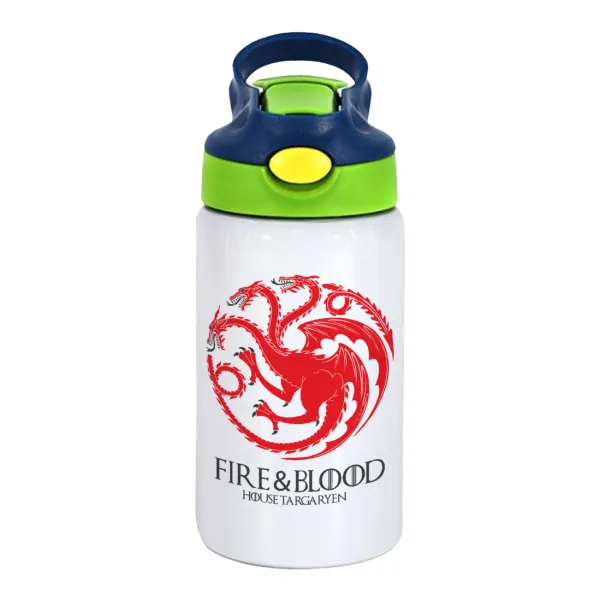 GOT House Targaryen — Children's hot water bottle, stainless steel, with safety straw, green, blue (350ml)