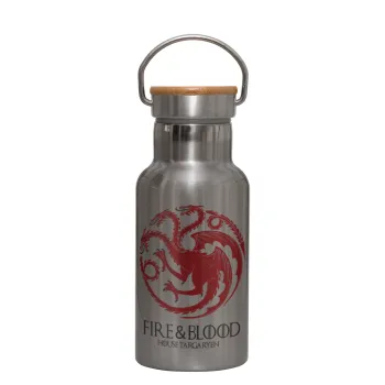 GOT House Targaryen, Fire Blood, Stainless steel metallic thermos flask, silver with a bamboo lid, double-walled, 350ml.