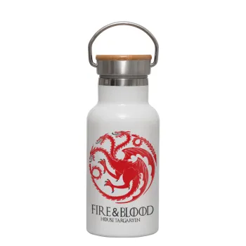 GOT House Targaryen, Fire Blood, Metallic thermos (Stainless steel) White with wooden lid (bamboo), double-walled, 350ml