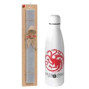 GOT House Targaryen, Fire Blood, Πασχαλινή Λαμπάδα με μεταλλικό παγούρι θερμός ανοξείδωτο (500ml) & κερί αρωματικό πλακέ (30cm) (ΓΚΡΙ)