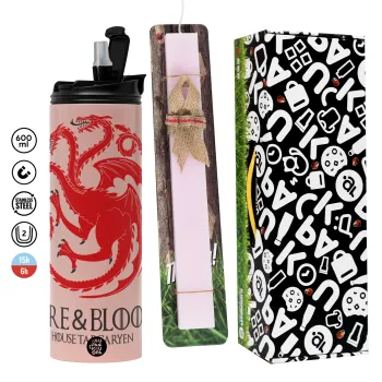 GOT House Targaryen, Fire Blood, Πασχαλινή Λαμπάδα με  ΡΟΖ Travel Tumbler θερμό (600ml, BPA free) & κερί αρωματικό πλακέ (30cm) (ΡΟΖ)
