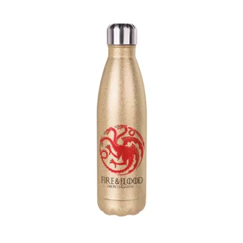 GOT House Targaryen, Fire Blood, Glitter gold stainless steel thermos bottle, double-walled, 500ml