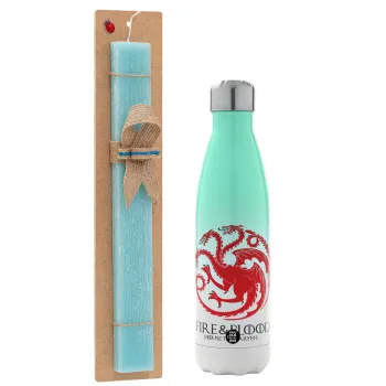 GOT House Targaryen, Fire Blood, Easter Set, Metallic green/white thermos (Stainless steel), double-walled, 500ml & scented flat Easter candle (30cm) (TURQUOISE)