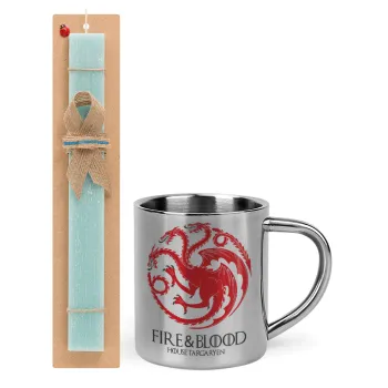 GOT House Targaryen, Fire Blood, Easter Set, metallic thermal cup (300ml) & aromatic flat Easter candle (30cm) (TURQUOISE)