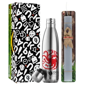 GOT House Targaryen, Fire Blood, Easter Set, metallic stainless thermos flask (500ml) & scented flat Easter candle (30cm) (GRAY)