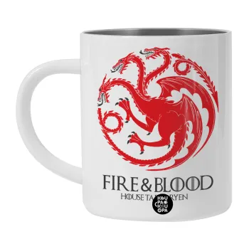 GOT House Targaryen, Fire Blood, Λευκή Ανοξείδωτη Μεταλλική Κούπα 450ml - Διπλού Τοιχώματος 