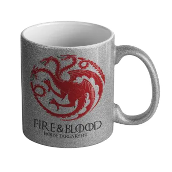 GOT House Targaryen, Fire Blood, Κούπα Ασημένια Glitter που γυαλίζει, κεραμική, 330ml