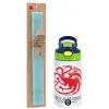 Easter Set, Children's thermal stainless steel bottle with safety straw, green/blue (350ml) & aromatic flat Easter candle (30cm) (TURQUOISE)