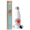 Easter Set, metallic stainless steel water bottle (750ml) & aromatic flat Easter candle (30cm) (TURQUOISE)