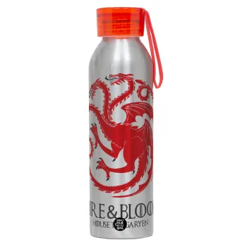 GOT House Targaryen, Fire Blood, Αλουμινένιο Αθλητικό Μπουκάλι 650ml – Ασημί με Κόκκινο Καπάκι και Λουράκι Σιλικόνης