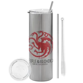 GOT House Targaryen, Fire Blood, Tumbler stainless steel Silver 600ml, with metal straw & cleaning brush