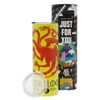 GOT House Targaryen, Fire Blood, Neon Yellow Travel Tumbler θερμό, μεταλλικό καλαμάκι(Ανωξείδωτο 304 Food grade, BPA free, 600ml)