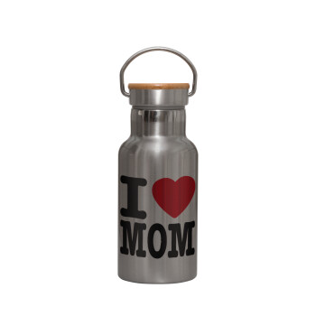 I LOVE MOM, Stainless steel metallic thermos flask, silver with a bamboo lid, double-walled, 350ml.