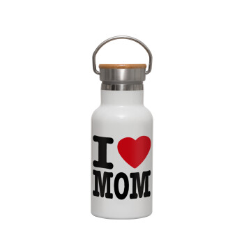 I LOVE MOM, Μεταλλικό παγούρι θερμός (Stainless steel) Λευκό με ξύλινο καπακι (bamboo), διπλού τοιχώματος, 350ml