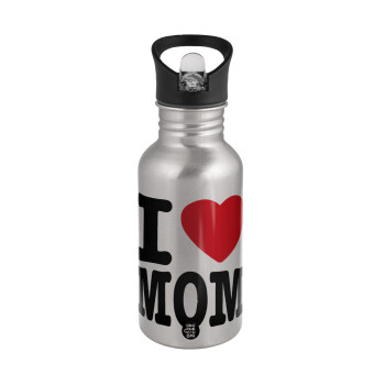 I LOVE MOM, Water bottle Silver with straw, stainless steel 500ml