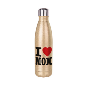 I LOVE MOM, Μεταλλικό παγούρι θερμός Glitter χρυσό (Stainless steel), διπλού τοιχώματος, 500ml