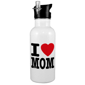 I LOVE MOM, White water bottle with straw, stainless steel 600ml