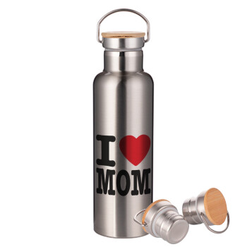 I LOVE MOM, Stainless steel Silver with wooden lid (bamboo), double wall, 750ml