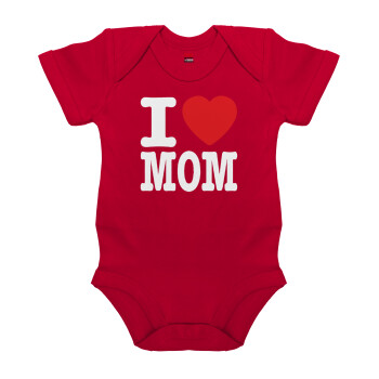 I LOVE MOM, Βρεφικό φορμάκι μωρού, ΚΟΚΚΙΝΟ, 100% Organic Cotton, κοντομάνικο