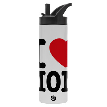 I LOVE MOM, Metallic thermos bottle with straw & handle, stainless steel (Stainless steel 304), double-walled, 600ml.