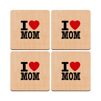 I LOVE MOM, ΣΕΤ x4 Σουβέρ ξύλινα τετράγωνα plywood (9cm)