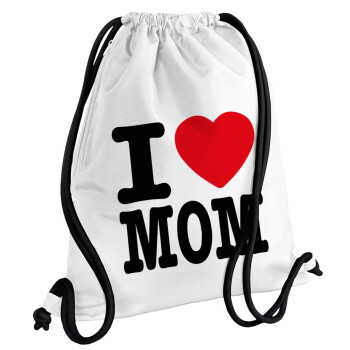 I LOVE MOM, Τσάντα πλάτης πουγκί GYMBAG λευκή, με τσέπη (40x48cm) & χονδρά κορδόνια