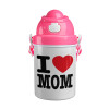 I LOVE MOM, Ροζ παιδικό παγούρι πλαστικό (BPA-FREE) με καπάκι ασφαλείας, κορδόνι και καλαμάκι, 400ml