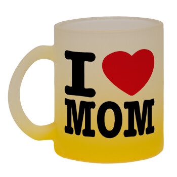 I LOVE MOM, Κούπα γυάλινη δίχρωμη με βάση το κίτρινο ματ, 330ml