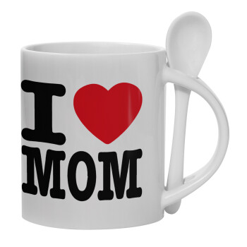 I LOVE MOM, Ceramic coffee mug with Spoon, 330ml (1pcs)