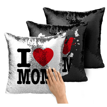 I LOVE MOM, Μαξιλάρι καναπέ Μαγικό Μαύρο με πούλιες 40x40cm περιέχεται το γέμισμα