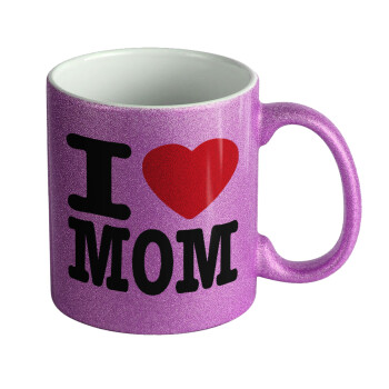I LOVE MOM, Κούπα Μωβ Glitter που γυαλίζει, κεραμική, 330ml