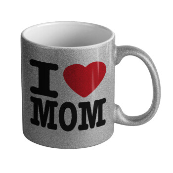 I LOVE MOM, Κούπα Ασημένια Glitter που γυαλίζει, κεραμική, 330ml