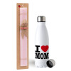 Easter Set, metallic stainless steel water bottle (750ml) & scented flat Easter candle (30cm) (PINK)