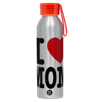 I LOVE MOM, Αλουμινένιο Αθλητικό Μπουκάλι 650ml – Ασημί με Κόκκινο Καπάκι και Λουράκι Σιλικόνης