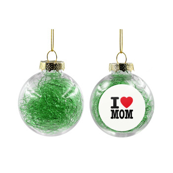 I LOVE MOM, Χριστουγεννιάτικη μπάλα δένδρου διάφανη με πράσινο γέμισμα 8cm