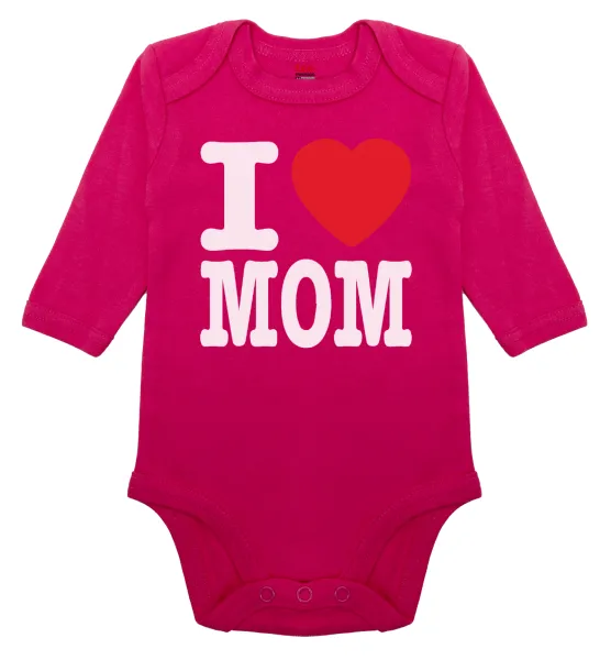 I LOVE MOM — Μακρυμάνικο βρεφικό φορμάκι, 0-18 μηνών, ΡΟΖ, 100% Organic Cotton