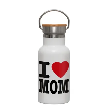 I LOVE MOM, Μεταλλικό παγούρι θερμός (Stainless steel) Λευκό με ξύλινο καπακι (bamboo), διπλού τοιχώματος, 350ml