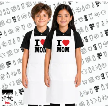 I LOVE MOM, Λευκή ΠΑΙΔΙΚΗ Ποδιά μακριά Σεφ ολόσωμη με τσέπες