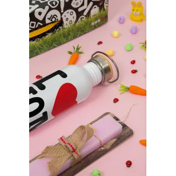 I LOVE MOM, Πασχαλινή Λαμπάδα με παγούρι μεταλλικό (620ml, stainless steel) & κερί αρωματικό πλακέ (30cm) (ΡΟΖ)