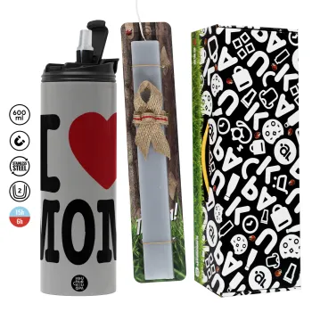 I LOVE MOM, Πασχαλινή Λαμπάδα με Travel Tumbler θερμό (600ml, BPA free) & κερί αρωματικό πλακέ (30cm) (ΓΚΡΙ)