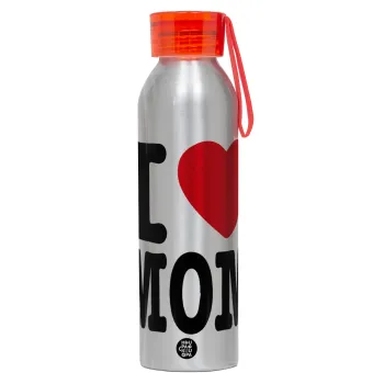 I LOVE MOM, Αλουμινένιο Αθλητικό Μπουκάλι 650ml – Ασημί με Κόκκινο Καπάκι και Λουράκι Σιλικόνης
