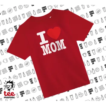 I LOVE MOM, Άνετο παιδικό T-Shirt ΚΟΚΚΙΝΟ από 100% βαμβάκι, για κάθε μέρα. Vegan & OEKO-TEX πιστοποιημένο.
