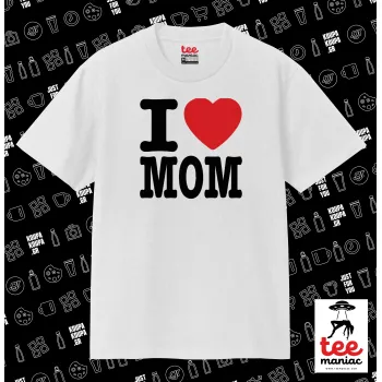 I LOVE MOM, Κλασικό T-Shirt, διπλής ραφής, χωρίς πλευρικές ραφές ΛΕΥΚΟ από 100% βαμβάκι. Vegan & OEKO-TEX πιστοποιημένο.