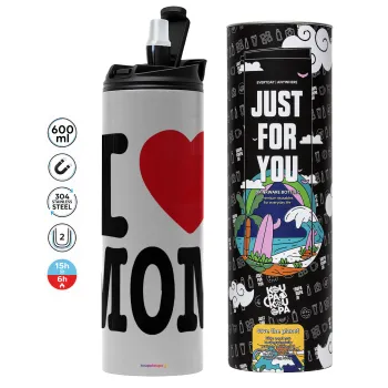 I LOVE MOM, Tumbler ποτήρι θερμό ΓΚΡΙ από ανοξείδωτο ατσάλι 600ml