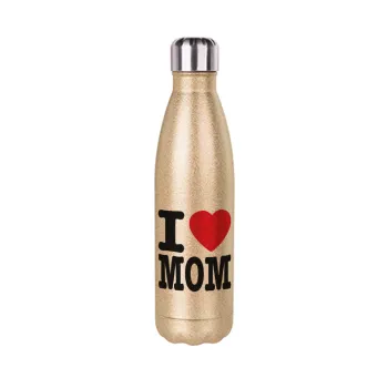 I LOVE MOM, Μεταλλικό παγούρι θερμός Glitter χρυσό (Stainless steel), διπλού τοιχώματος, 500ml