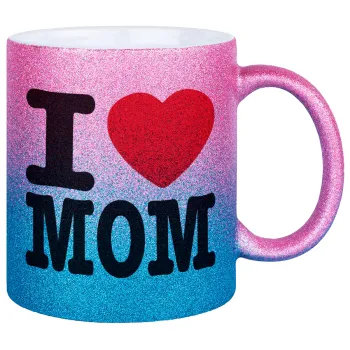 I LOVE MOM, Κούπα Χρυσή/Μπλε Glitter, κεραμική, 330ml